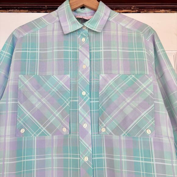 Vintage Turquoise Blue and Purple Plaid Button Down Shirt -- Size Medium - Picture 4 of 4
